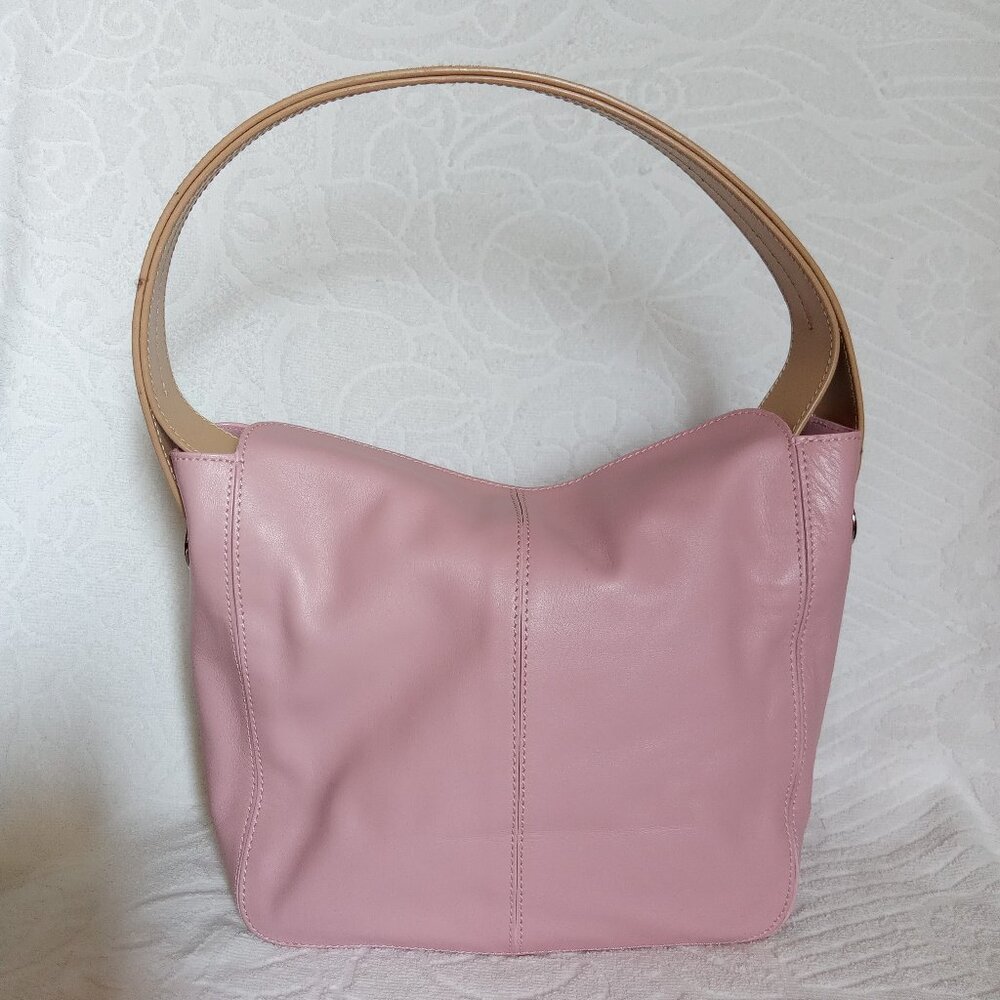 Designer Inspired Pink Leather Handbag with Tan Strap -- FIRM PRICE